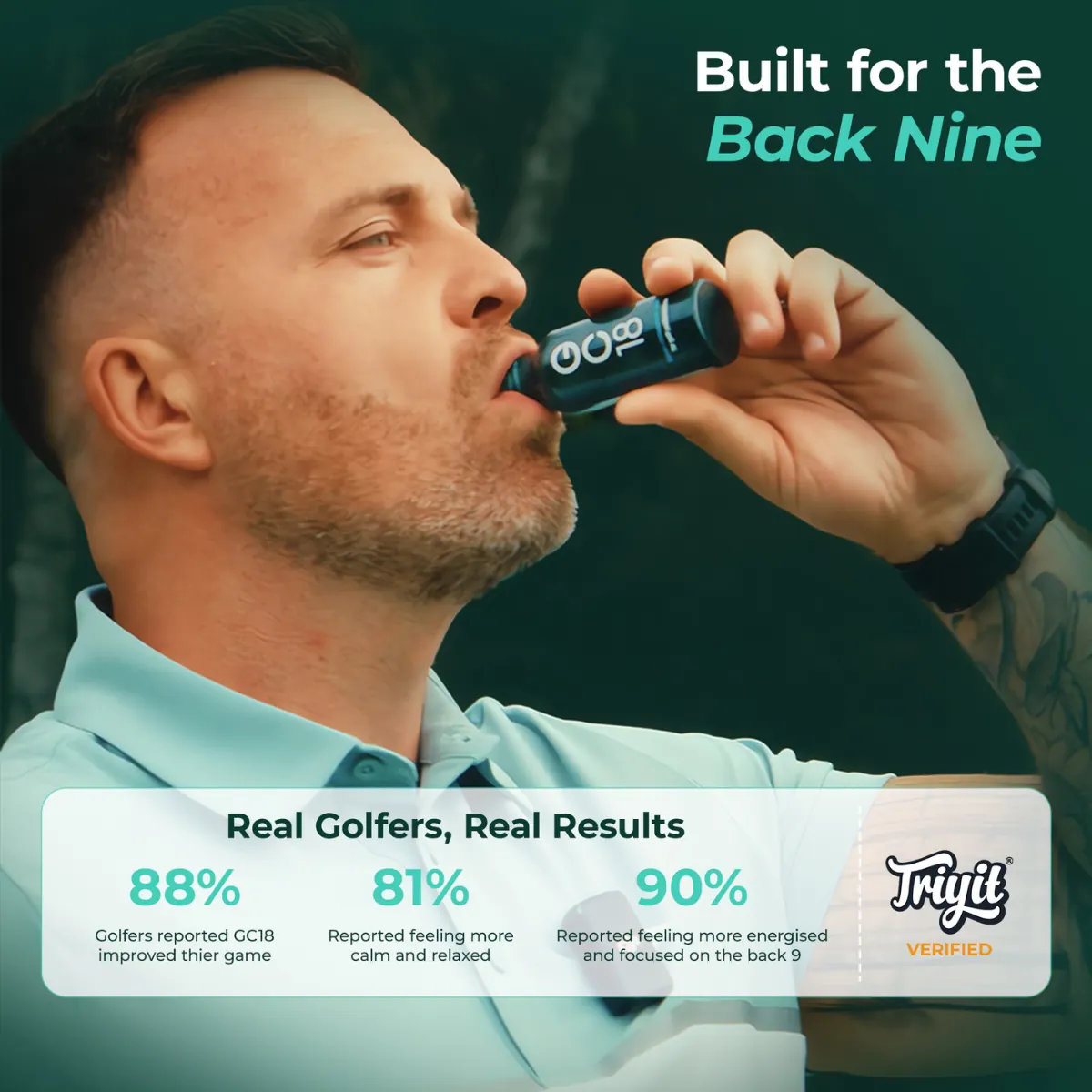 Golfer drinking GC18 for back-nine performance