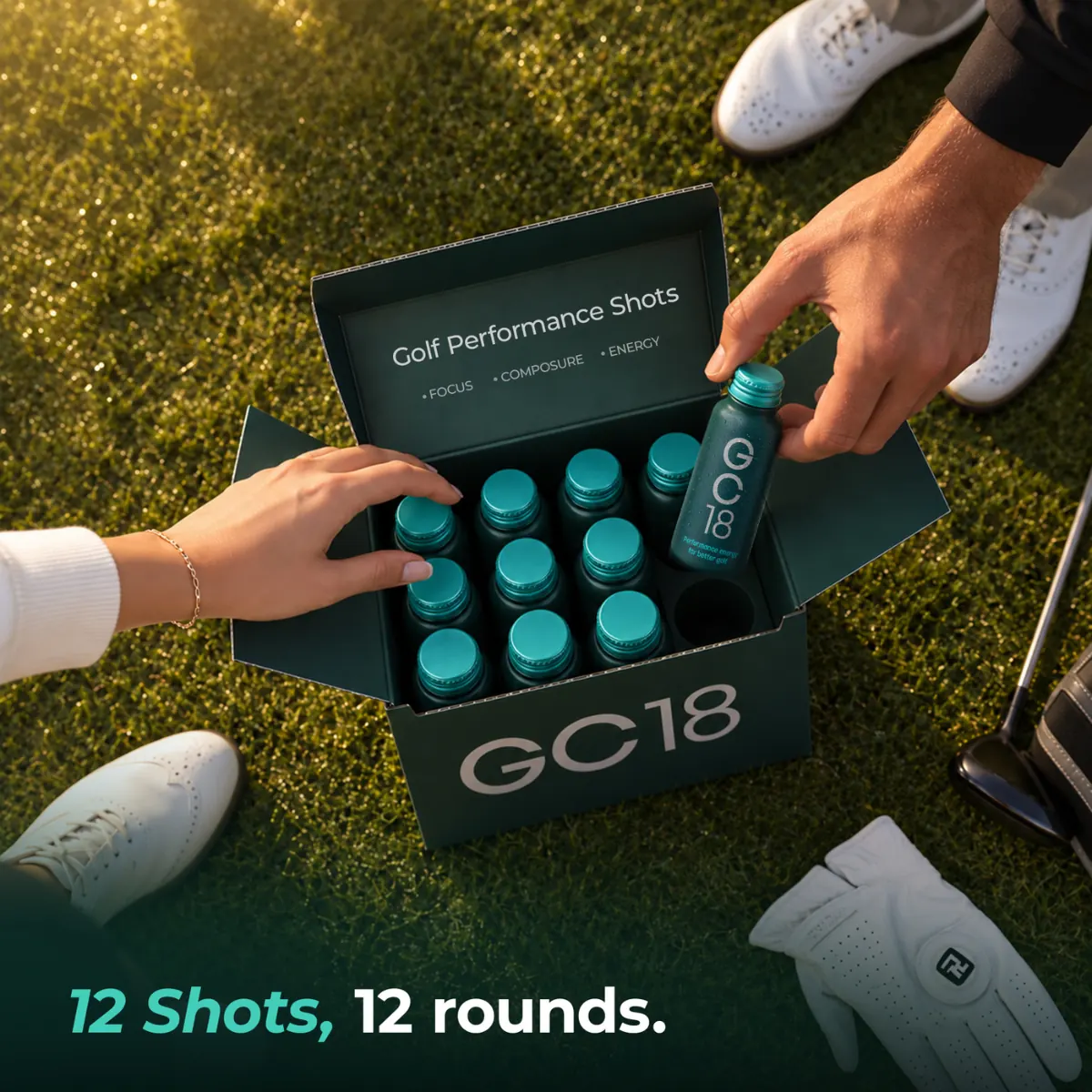 Golfers sharing a box of twelve GC18 shots